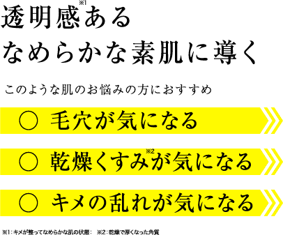 透明感ある滑らかな素肌に導く このような肌のお悩みの方におすすめ 毛穴が気になる 乾燥くすみが気になる キメの乱れが気になる