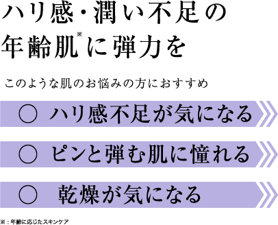 ハリ感・潤い不足の年齢肌に弾力を このような肌のお悩みの方におすすめ ○ハリ感不足が気になる ○ピンと弾む肌に憧れる ○乾燥が気になる ※年齢に応じたスキンケア