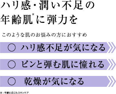 ハリ感・潤い不足の年齢肌に弾力を このような肌のお悩みの方におすすめ ハリ感不足が気になる ピンと弾む肌に憧れる 乾燥が気になる