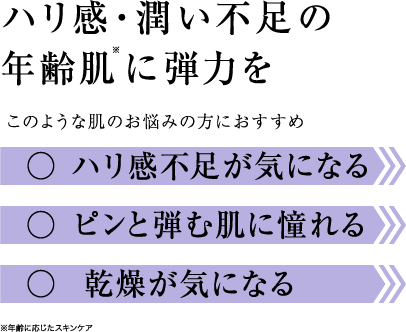 ハリ感・潤い不足の年齢肌に弾力を このような肌のお悩みの方におすすめ ○ハリ感不足が気になる ○ピンと弾む肌に憧れる ○乾燥が気になる ※年齢に応じたスキンケア
