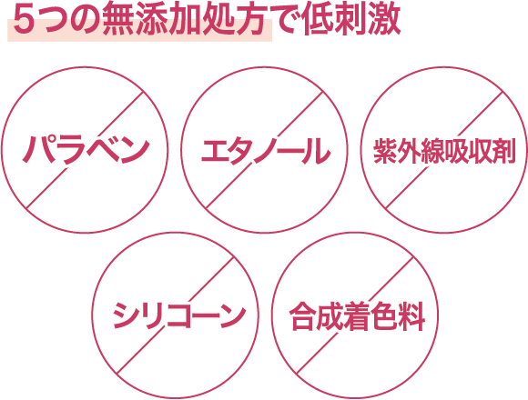５つの無添加処方で低刺激 パラベン エタノール 紫外線吸収剤 シリコーン 合成着色料
