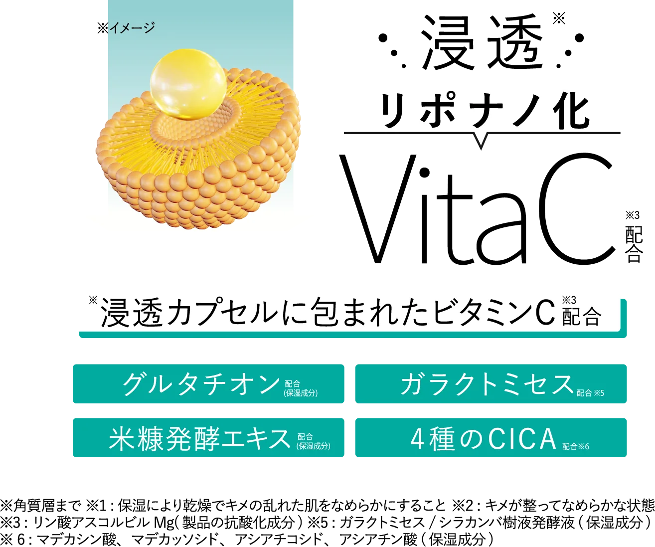 浸透リポナノ化 VitaC※3配合。グルタチオン、ガラクトミセス、米糠発酵エキス、4種のCICA配合