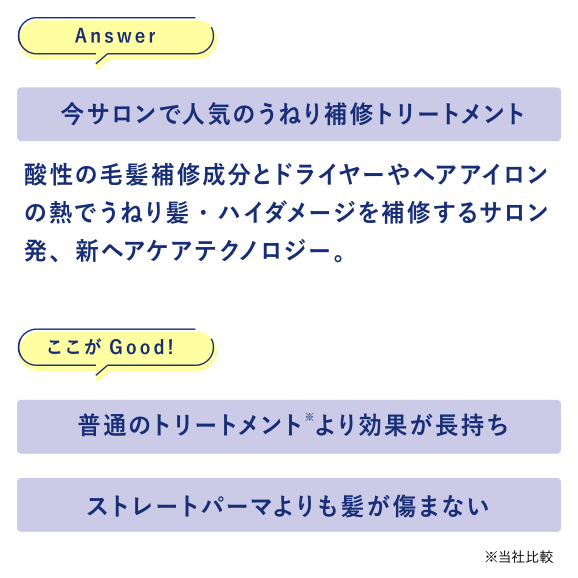 今サロンで人気のうねり補修トリートメント／普通のトリートメント(*当社比較)より効果が長持ち／ストレートパーマよりも髪が傷まない