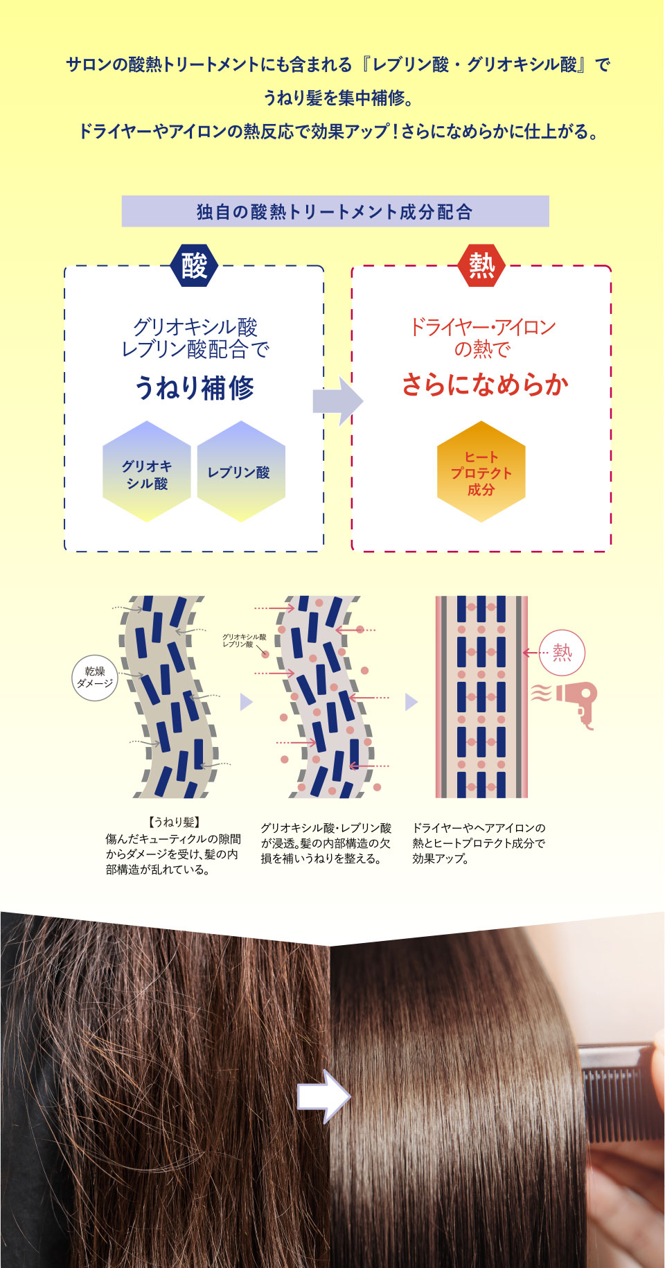 独自の酸熱トリートメント成分配合：グリオキシル酸／レブリン酸／ヒートプロテクト成分